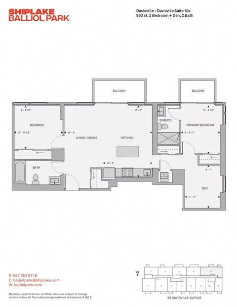 Floor plan for 2 beds, 2 baths, 963 sqft